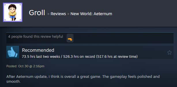 Image of the article titled New World: Eternal, as described in a Steam review